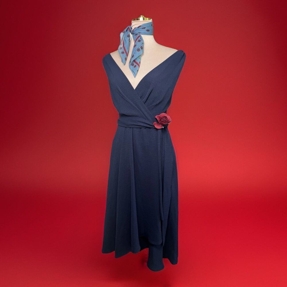 DKNY Navy Sleeveless Wrap Dress | Swing Skirt | Retro VIbe | Wedding Guest |